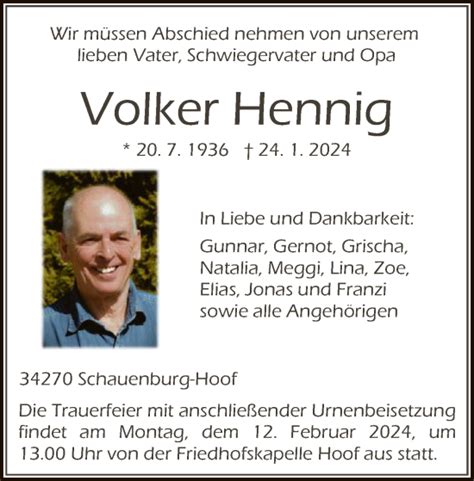 Traueranzeigen Von Volker Hennig Trauer Hna De