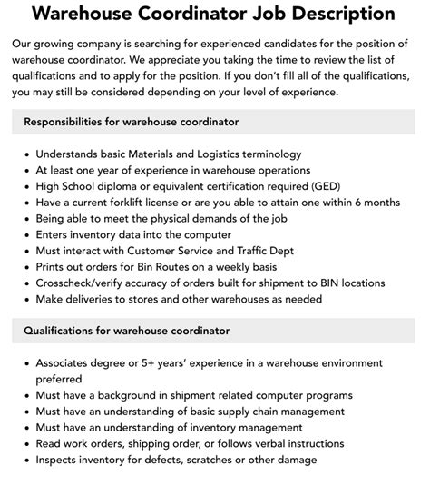 Warehouse Coordinator Job Description Velvet Jobs