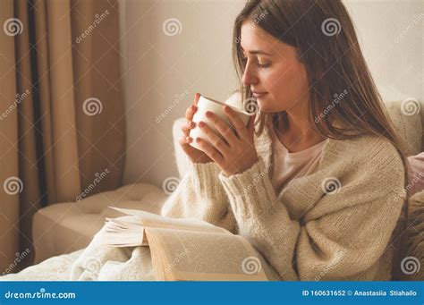 Cozy Autumn Winter Evening Woman Drinking Hot Tea And Relaxing At Home