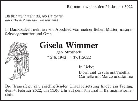 Traueranzeigen Von Gisela Wimmer Zeit Des Gedenkens De