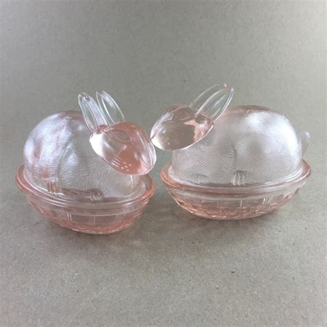 Vintage Pink Glass Bunny Rabbit Nest Covered Trinket Dish Etsy