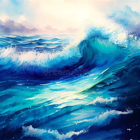 Watercolor Ocean Waves And Splash Water Ai Generation Stock