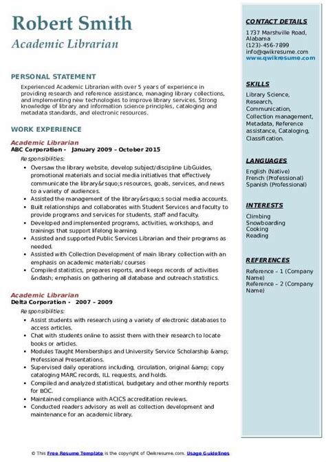 Academic Librarian Resume Samples Qwikresume