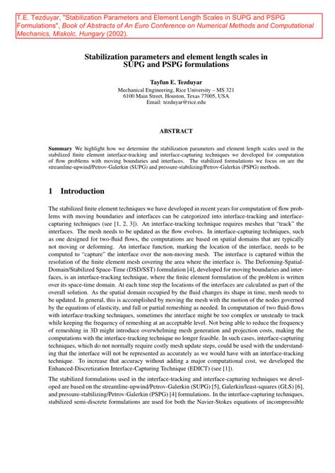 PDF Stabilization Parameters And Element Length Scales In SUPG And