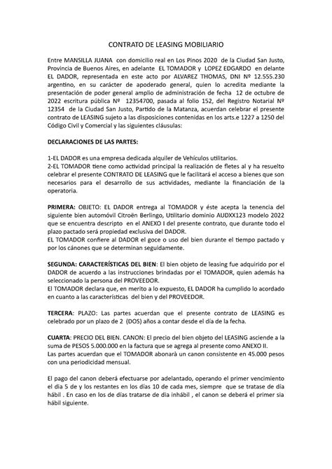 Contrato DE Leasing Mobiliario CONTRATO DE LEASING MOBILIARIO Entre