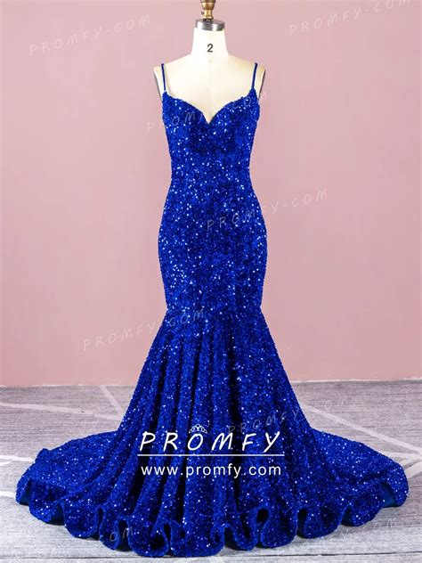 Promfy Sparkly Royal Blue Sequin Mermaid Long Prom Dress