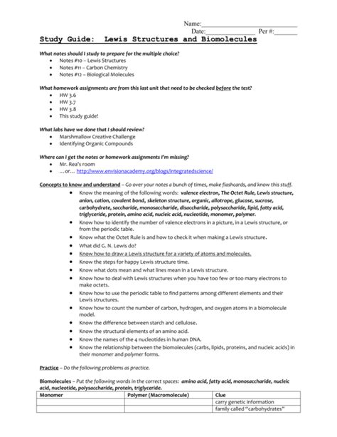 Study Guide Lewis Structures And Biomolecules