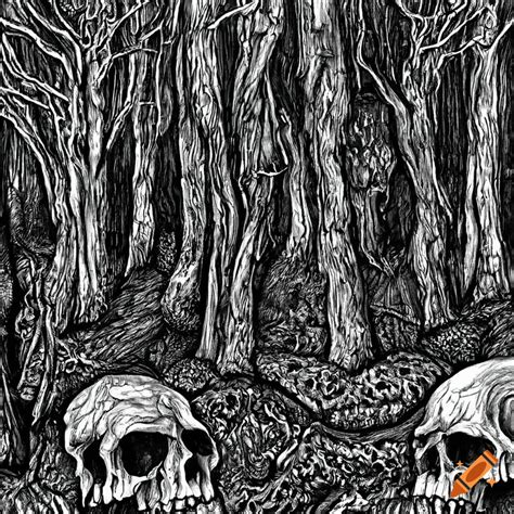 Highly Detailed Ink Drawing Of A Haunting Forest With Human Skulls On