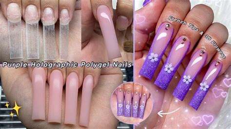 Purple Holographic Polygel Nails How To French Tip D Flower Charms