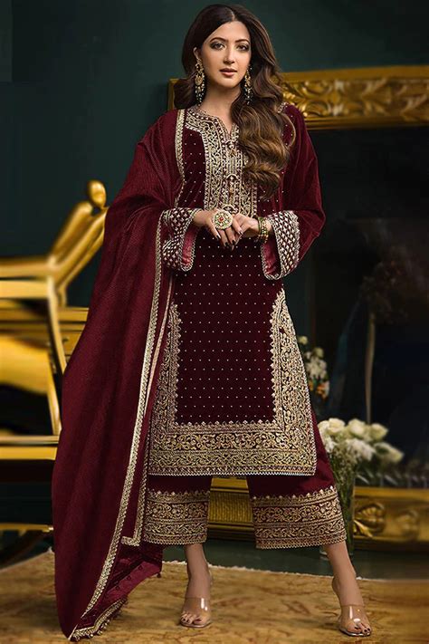 Dark Maroon Velvet Embroidered Straight Cut Palazzo Suit LSTV126374