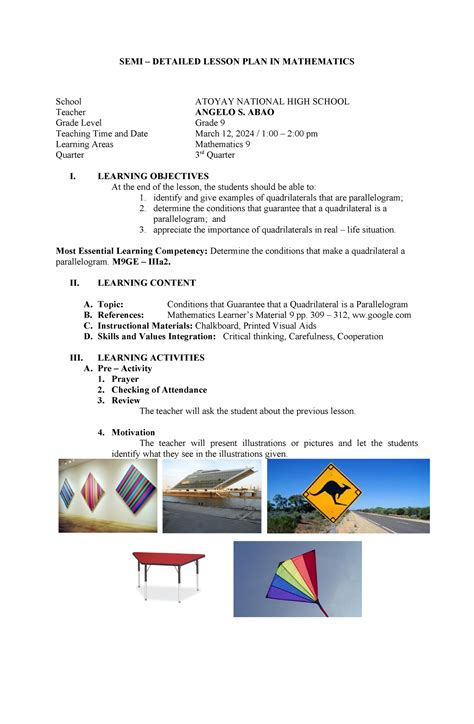 Conditions Of Quadrilateral A Parallelogram Semi Detailed Lesson Plan In Mathematics School