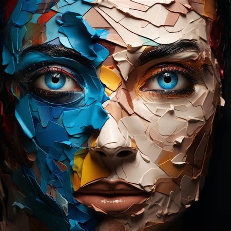 Woman Face Torn Paper Colored Eyes Premium AI Generated Image