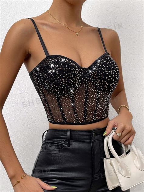 SHEIN BAE Sequin Mesh Bustier Crop Cami Top SHEIN UK