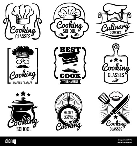 Vintage Cooking In Kitchen Classes Vector Silhouette Labels Cook Workshop Emblems Gourmet