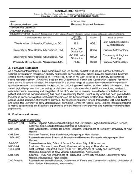 Phs Rev Biographical Sketch Format Page