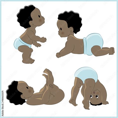 Set of vector illustrations with cute black little newborn babies. Dark ...