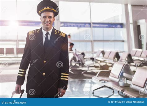 Cheerful Smiling Pilot In Terminal Stock Photo Image Of Affable