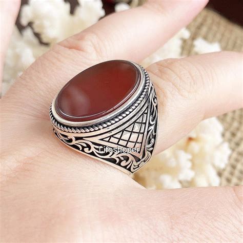 Red Agate Ring Silver Aqeeq Ring Men Sterling Silver Etsy