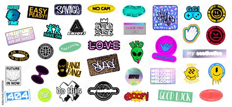 Colorful trendy sticker pack. Street art, tags, graffiti, simple and complex, emoji, smiley ...