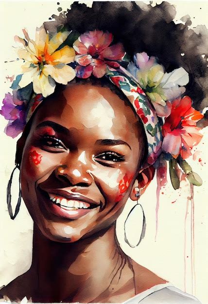 Retrato Em Aquarela Da Linda Mulher Negra Sonhadora Sorridente