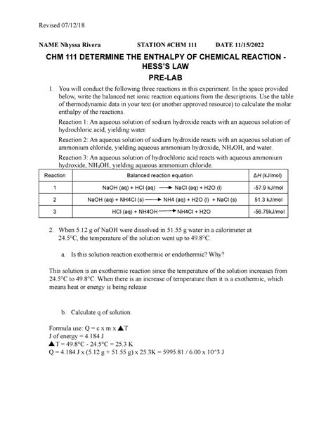 Week Exp Pre Lab Chm Determine The Enthalpy Of Chemical