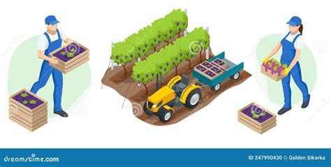 Isometric Gardeners Farmers Work In Garden People In Farming Rural