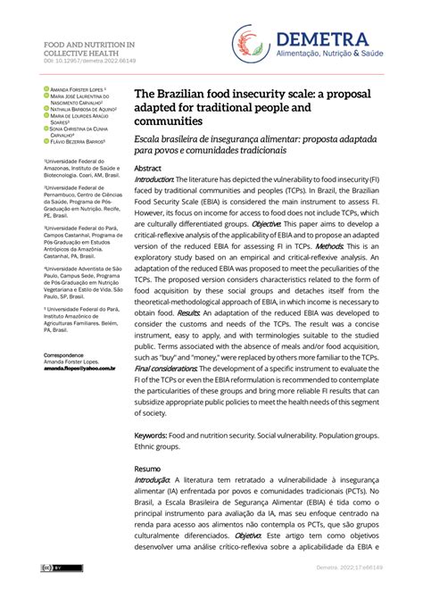 Pdf The Brazilian Food Insecurity Scale A Proposal Adapted For