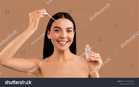 Close Cheerful Beautiful Brunette Halfnaked Woman Stock Photo