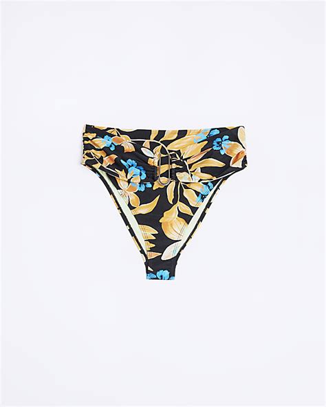 Black Floral High Waisted Bikini Bottoms River Island