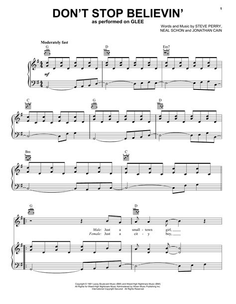 Dont Stop Believin Sheet Music By Glee Cast Piano Vocal And Guitar Right Hand Melody 75955