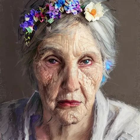 Old Woman With Flowers In Her Hair White And Grey H