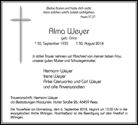 Traueranzeigen Von Alma Weyer Trauer In Nrw De