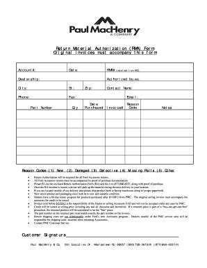 Fillable Online Return Material Authorization RMA Form Original