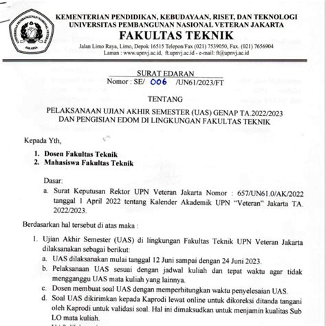 Pengumuman Mengenai Pelaksanaan Ujian Akhir Semester Genap Tahun Ajaran 20222023 Fakultas