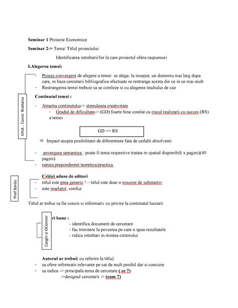 Proiecte Economice Seminarii Seminar 1 Proiecte Economice Seminar 2