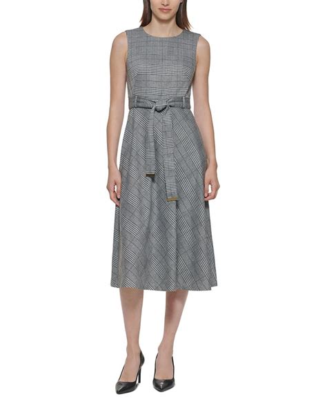 Calvin Klein Plaid Belted Fit And Flare Midi Dress Macys