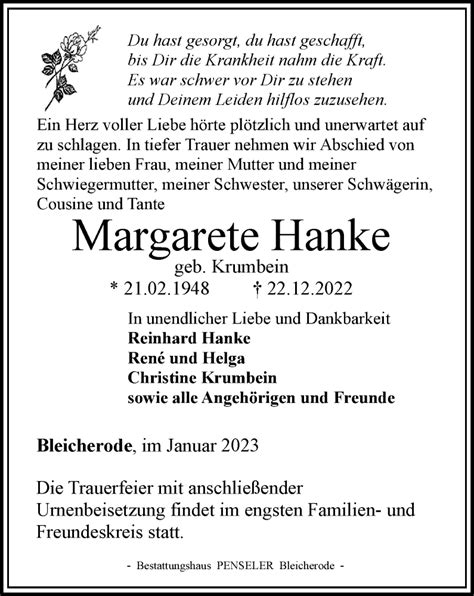 Traueranzeigen Von Margarete Hanke Trauer In Thueringen De