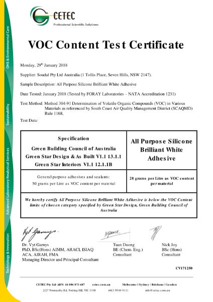 Voc Test Certificate All Purpose Silicone Soudal Australia Nbs Source