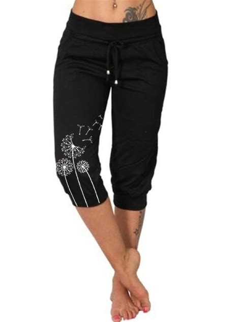 Womens Elastic Waist Print Casual Capris Loose Drawstring Joggers