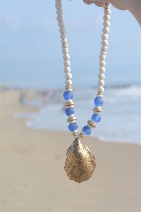 Blue Pink Green Aqua And Gold Oyster Shell Necklace Seashell