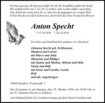 Traueranzeigen Von Anton Specht Trauer In NRW De