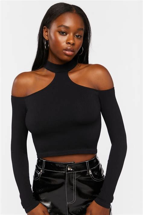 Forever 21 Ribbed Open Shoulder Crop Top Black Forever21usa