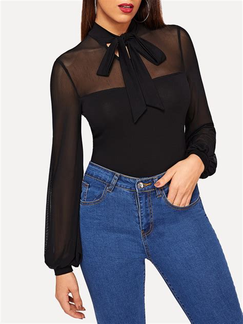 Shein Privé Tie Neck Sheer Mesh Yoke Top Shein Usa