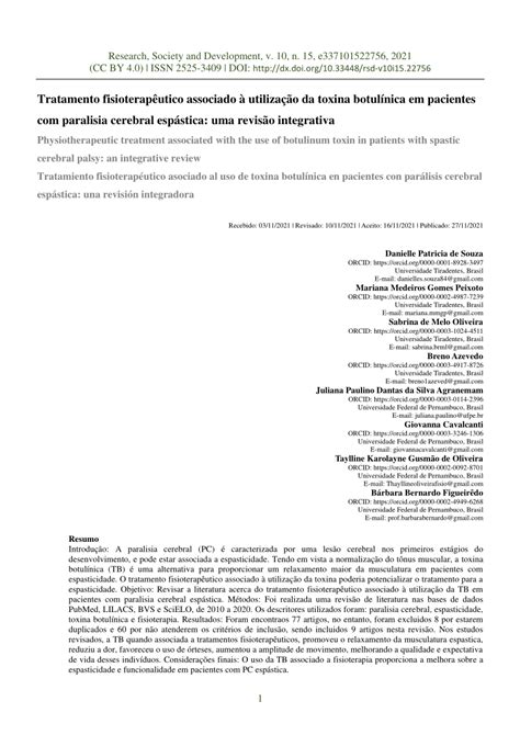 Pdf Tratamento Fisioterap Utico Associado Utiliza O Da Toxina