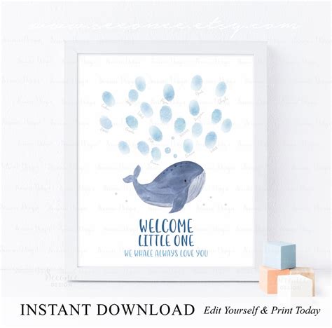 Whale Baby Shower Fingerprint Guest Book Sign Under The Sea Whale Baby