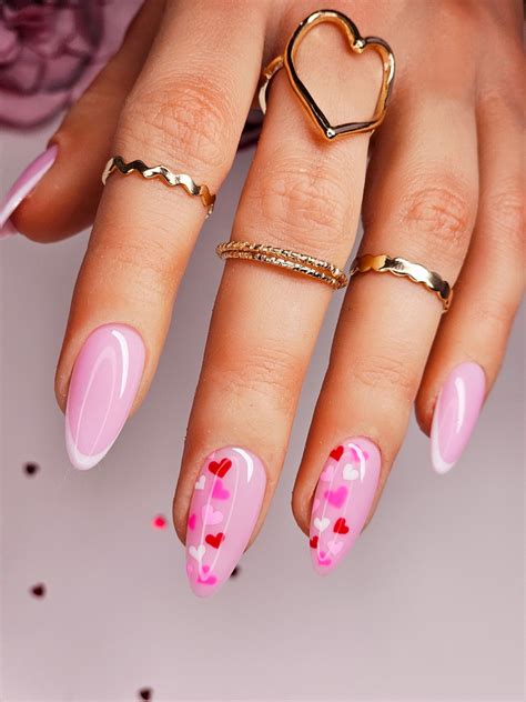 Crisp French With Pink And Red Heart Accent Nails Perfect For