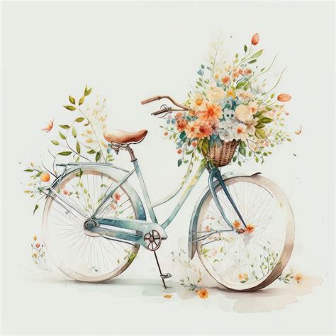 Linda Bicicleta De Acuarela Con Flores Ia Generativa Ilustrada Foto