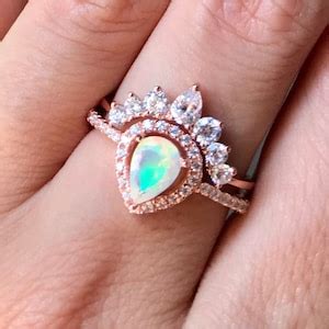 Teardrop Genuine Opal Engagement Vintage Ring Set Natural Opal Halo