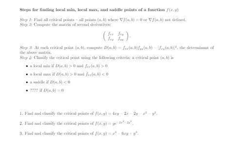 Solved Steps For Finding Local Min Local Max And Saddle Chegg