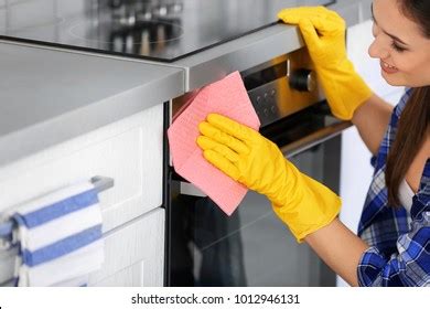 Cleaning Oven Concept Woman Gloves Apron Stock Photo